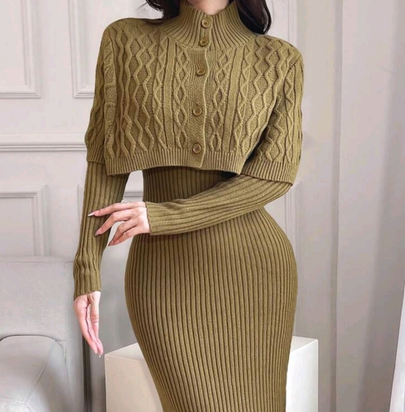 2pcs/Set Women Plain Front Button Simple Top And Long Casual Dress - Picture 2 of 4